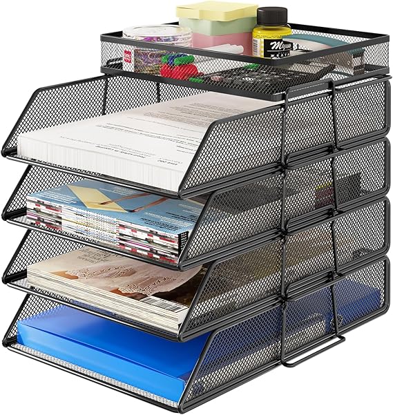TQVAI 4-Tier Letter Tray Desk Tidy Organiser Paper Trays Stackable Magazine File Holder, Black