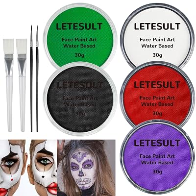 9PCS Halloween Face Paint Kit - White Black Red Green Purple Halloween Makeup Kit with 4PCS Brushes Water Based Clown Face Body Paint SFX Costume Makeup Set for Halloween Cosplay Party Special Effect
