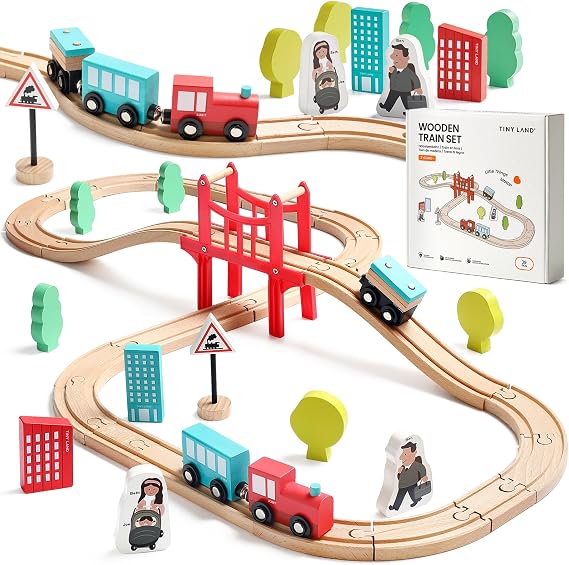 Tiny Land 39 Pcs Wooden Train Set for Toddler with Wooden Tracks