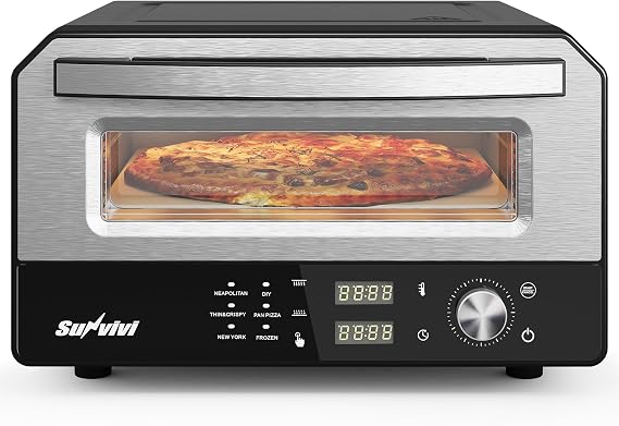 Pizza Oven Indoor Outdoor: Heats up to 750F, Up to 12" Electric Countertop Pizza Maker with 6 Presets, Control Knob, Portable Pizza Cooker Warmer for Home, Camping, Pizza Stone, Pizza Peel