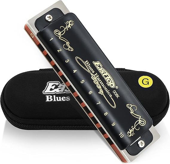 East top Harmonica Key of G 10 Holes 20 Tones 008K Mouth Organ with Black Cover, Top Grade Harmonica for Adults, Professionals and Students