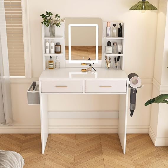 LED Mirror Vanity Dressing Table with Lights for Women & Girls - 3-Color Adjustable Light Strips, 2 Large Drawers, Hair Dryer Stand & Non-Woven Storage Bag, Makeup Desk Bedroom Furniture