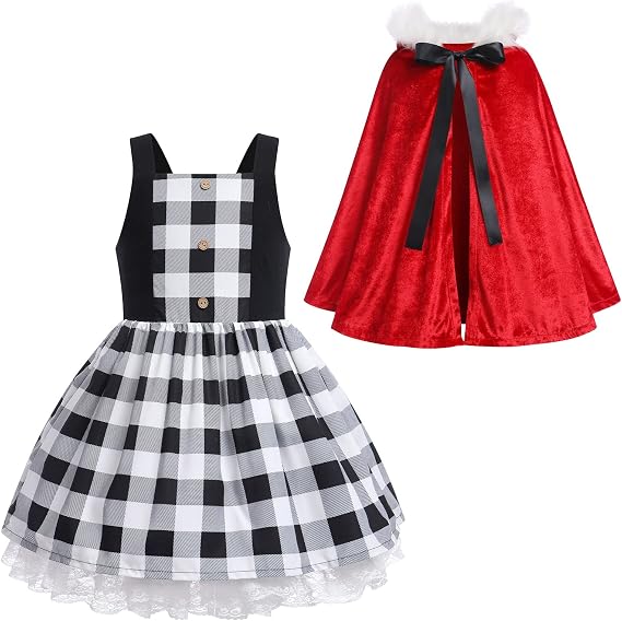 Christmas Dress for Kids Girls Women Plaid Party Dress&Velvet Cape Mommy and Me Matching Xmas Fancy Dress up