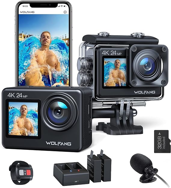 WOLFANG Action Camera 4K 24MP WiFi GA200, 40M Waterproof Underwater Camera for Snorkeling, EIS 170° Wide Angle Dual Screen Vlogging Camera with External Microphone, Charger, Remote Control