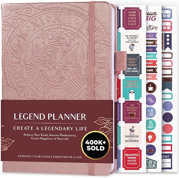 Legend Undated Weekly Planner Goal Planner Journal & Organizer Notebook Agenda Book with Monthly Calendar & To-Do List, A5 (Rose Gold)
