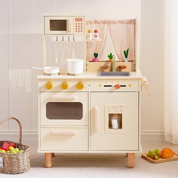 ROBUD Wooden Play Kitchen Set, Pretend Play Kitchen for Kids, Toy Kitchen with Microwave, Sink, Stove and Ice Maker, Toddlers Kitchen Playset Gift for Boys Girls, 3+ (Cream)