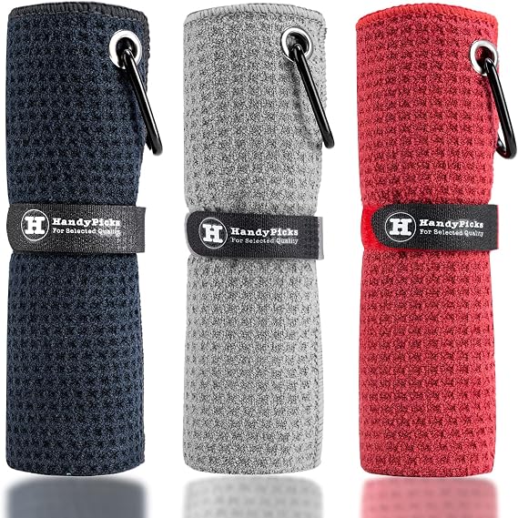 Handy Picks Microfiber Golf Towel (40 X 40CM) with Carabiner Clip, Waffle Pattern Golf Towel Hook and Loop Fastener - The Convenient Golf Cleaning Towel (Black/Grey/Red)