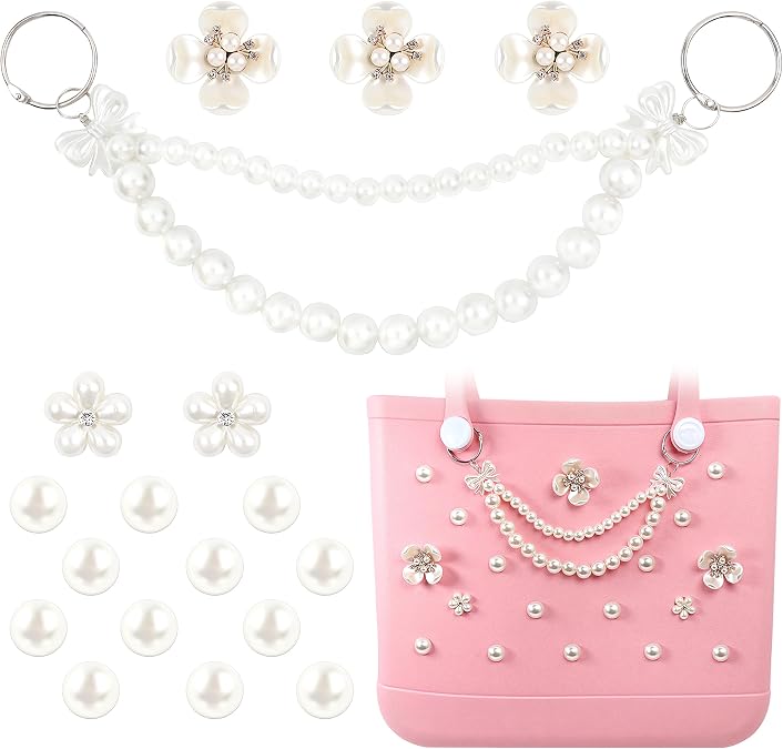 Charms for Bogg Bag, Pearls Flowers & Pearls Bow Chain for Bogg Bag, Compatible with Simply Southern Beach Bag Totes Accessories Charms , Pearl Bag Insert for Beach Tote Bag Birthday Favors (18 Pcs)