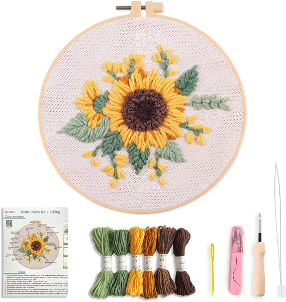 Creative Stab Punch Needle Kit, Sunflowers, Daisy & Flower Patterns , Beginner-Friendly ,Complete Set with Fabric, Needle, Yarn & Instructions , Perfect for Adult Handicraft Enthusiasts (sunflower)