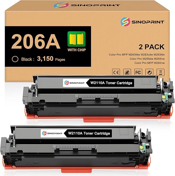 206A Black Toner Cartridges with CHIP Compatible with HP 206A 206X Toner Cartridges Set for HP Color LaserJet Pro MFP M283fdw M283cdw M283fdn M282nw M255dw M255nw Printers Ink(W2110A, 2-Pack Black)