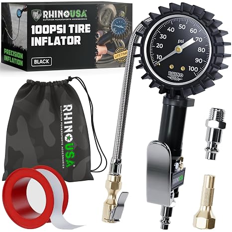 Rhino USA Tire Pressure Gauge with Inflator (0-100 PSI) - Braided Hose