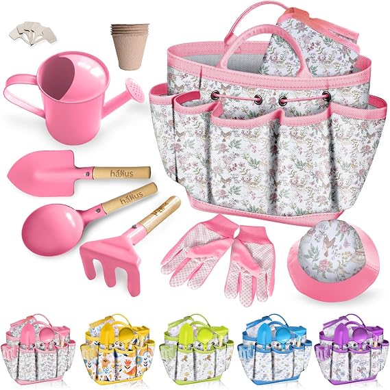 Kids Gardening Tool Set 18PCS Outdoor Toys Tote Bag Watering Can Apron Pink