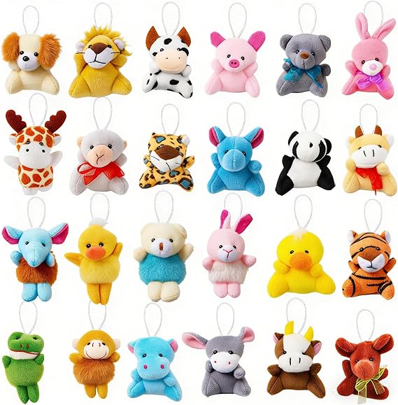 LUKBERA 24 Pack Mini Animal Plush Toy Assortment, Animals Keychain Decoration for Kids, Small Stuffed Animal Bulk for Kids, Carnival Prizes, School Gifts, Party Favor Goodie Bags