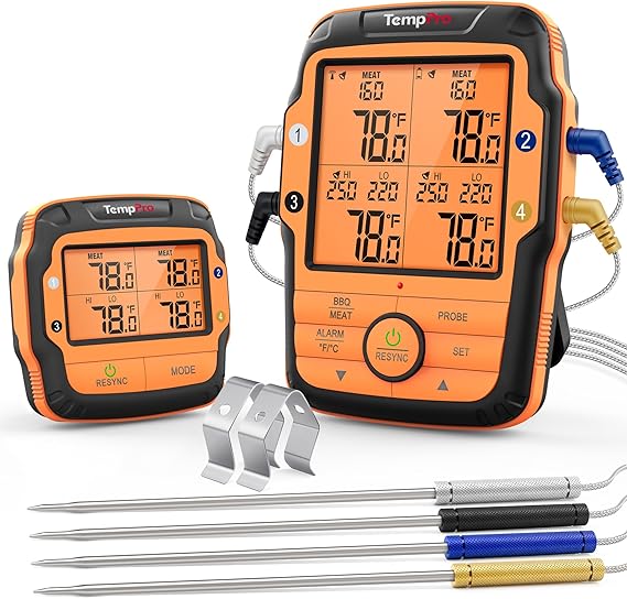 TempPro TempSync 1000FT Wireless Meat Thermometer for Grill with 4 Probes | RF Technology, Alarms, Large Digital Backlit Display, Stainless Steel Probe, Smoker, BBQ, Grill Cooking Gift