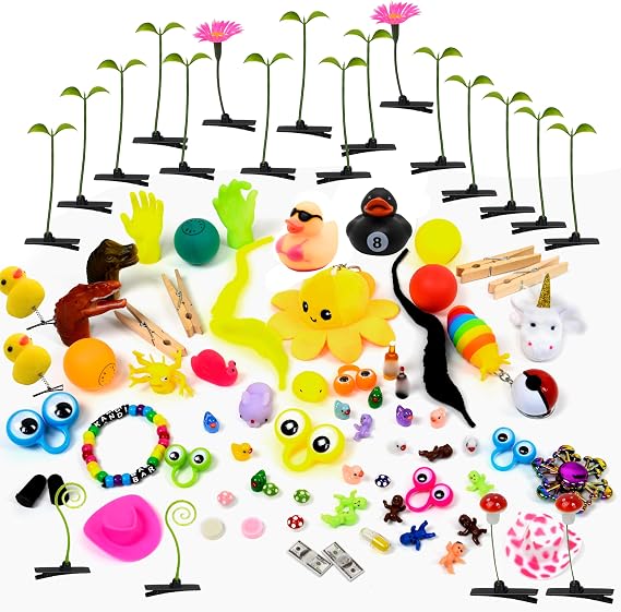 festival trinkets | 100+ pieces variety pack: sprouts, ducks, finger puppets, tiny hands, babies, googly eyes, squish toys & more | wear & trade at every rave & music festival...