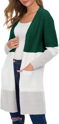 QIXING Womens Casual Open Front Knit Cardigans Long Sleeve Plush Sweater Coat with Pockets