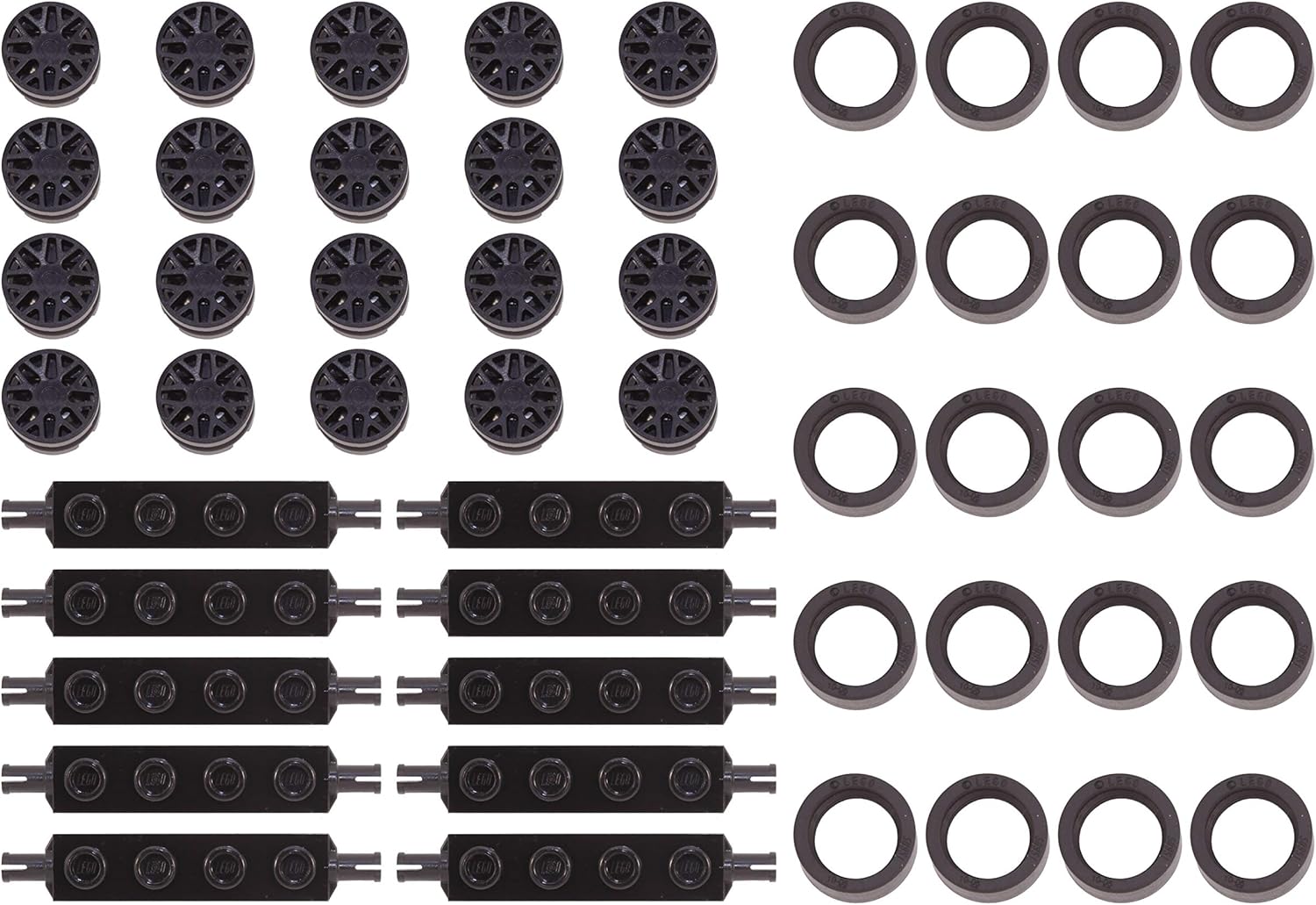 LEGO Parts and Pieces: 14x6mm Black Tire, Black Wheel, 1x4 Black Wheels Holder Pack - 50 Pieces