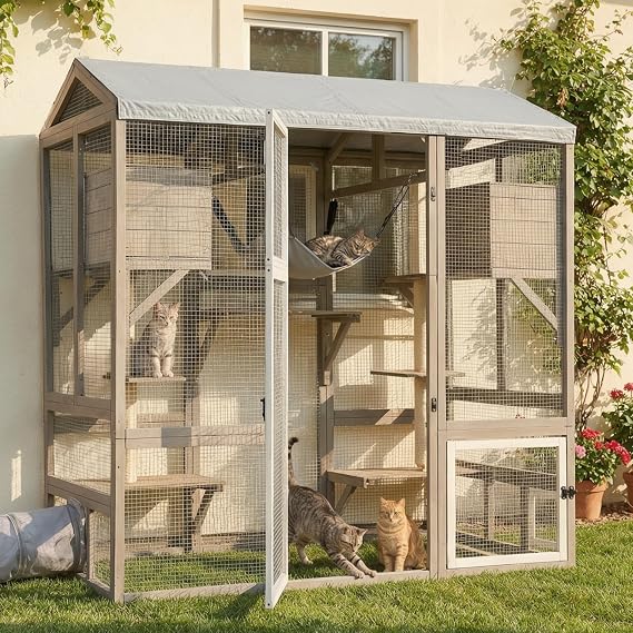 Walk-in Large Catio Outdoor Cat Enclosure with Window Access, Expandable Weatherproof Catio with 7 Jumping Platforms, 2 Scratching Posts, Hammock, Slide & Clean Litter Box Access