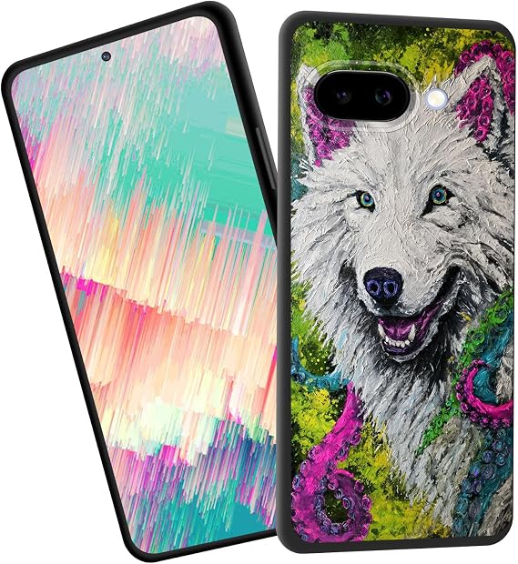 for Pixel 9a Case,Slim Shockproof TPU Soft Rubber Silicone Cover Phone Case for Google Pixel 9a,Wolf with Neon Octopus