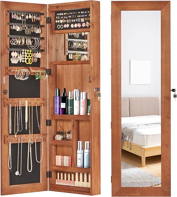 Jewelry Cabinet with LED Mirror, 47.5-Inch Jewelry Organizer, Wall or Door Mounted Makeup Organizer, Lockable jewelry organizers and storage, Solid Wood (Brown)