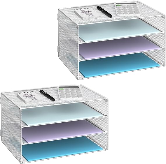 DALTACK 3 Tier Letter Tray Paper Organizer with Sliding Trays 2 Pack White | Metal Mesh File Organizer with Sliding Trays for Letter and A4 Paper, Mail, Bills, Folders and Office Documents