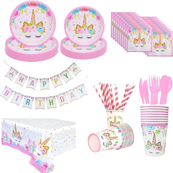 Unicorn Birthday Decorations for Girls, 139 Pcs Unicorn Party Decorations Including Banner, Plates, Cups, Napkins, Cutlery and Tablecloths, Serves 16 Guests