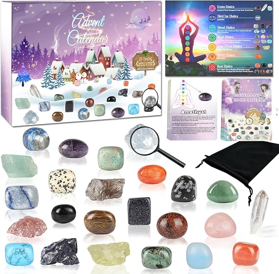 Crystal Advent Calendar 2026, 24 Days Christmas Countdown Natural Chakra Healing Stone Rock Spiritual Gifts for Adult Women, Novelty Minerals Fossils Learning Collection Kit for Boys Girls Teens