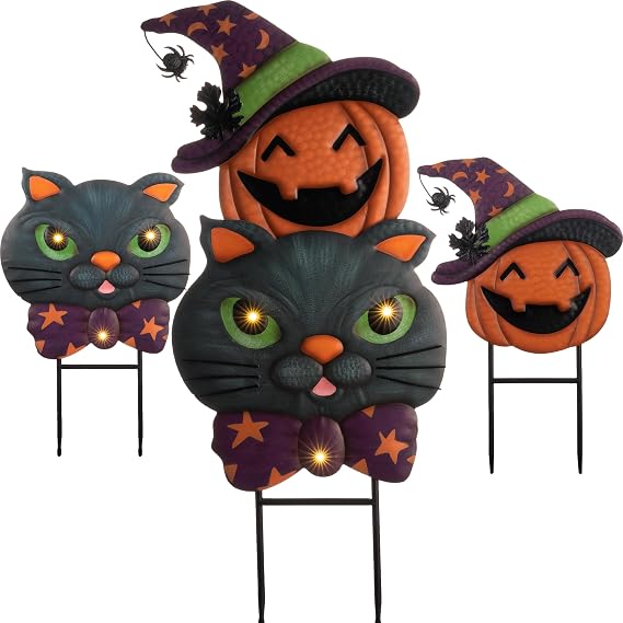 TERESA'S COLLECTIONS Pre-Lit Halloween Decorations Outdoor, Solar Garden Stake with 2 Stacks Cute Black Cat Pumpkin, Jack O Lantern Metal Yard Art Lawn Gift for Valentines Party Porch Patio Decor, 23"