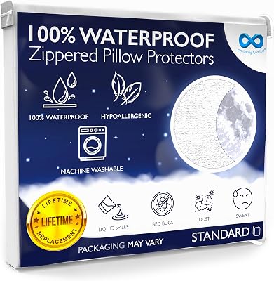 100% Stain Resistant & Waterproof Standard Size Pillow Protectors with Zipper Set of 2 - Bed Bug & Dust Mite Proof White Pillowcases - Breathable, Comfortable Covers for Pillows, 21 x 27 Inches