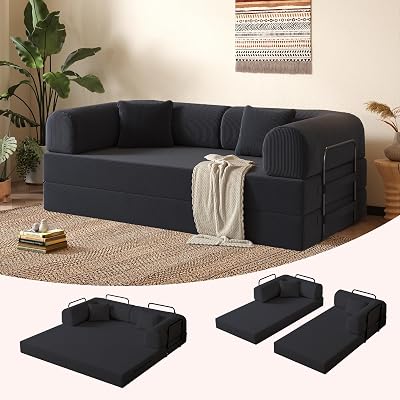 FERONIXA 79 Folding Sofa Bed, 5-in-1 Convertible Sofa Bed Boneless,Comfy Foldable Foam Couch with Pillow Modular Floor Couch for Living Room,Bedroom,Lounge - Corduroy Black