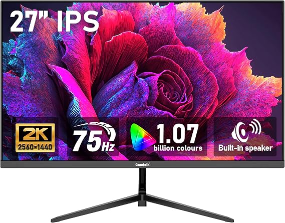 Gawfolk 27 inch IPS 2K QHD (25601440) Computer Monitor 75Hz Gaming PC Screen, 1ms,Adaptive Sync,100% sRGB, 1.07 Billion Colours,Built-in Speaker,Display 1.4Port HDMI2.0, Black