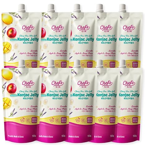 Chef’s Gim Konjak-Getränkegelee 10er Set à 150g Vegan Kalorienarm zuckerfrei & ballaststoffreich 3 Sorten: Pfirsich-Schwarztee Kamille-Litschi Lavendel-Apfel-Mango (Lavendel-Apfel-Mango)