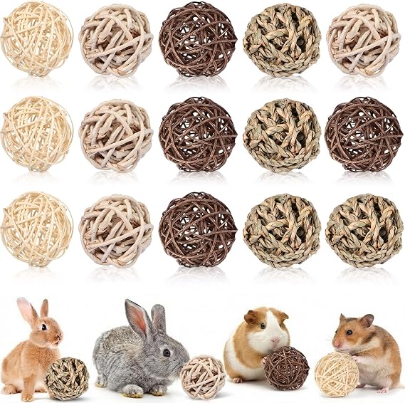Skylety 15 Pieces Bunny Chew Balls for Rabbits, Small Animal Rolling Grass Toys and Treats for Guinea Pigs, Chinchillas, Hamsters, Mice, Teeth Grinding, Gnawing and Play(Classic Style,1.97")