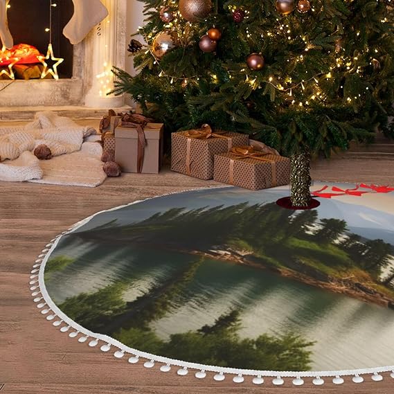 36" Christmas Tree Skirt with Pom Poms Wild Goose Island Christmas Tree Mat Cover Xmas Tree Skirt for Xmas Holiday Party Christmas Decoration Ornaments Pom Poms Tree Skirt for Happy New Year