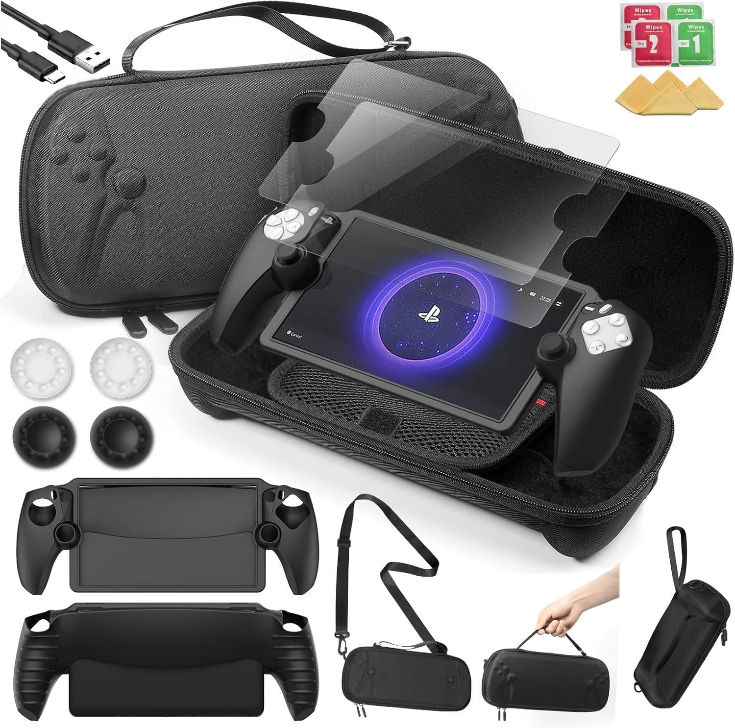 TicEaik 14-in-1 Accessories for Playstation Portal, Portable Case for PlayStation Portal with 2 Screen Protectors, 1 Full Body Silicon Protective Cover, 4 Thumb Grips