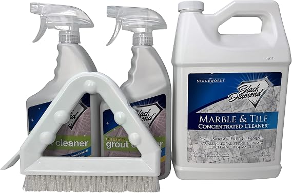 Black Diamond Stoneworks MARBLE & TILE FLOOR CLEANER. Great for Ceramic, Porcelain, Natural Stone, No-rinse Concentrate.(1-Gallon) AND Ultimate Grout Cleaner: for Even The Dirtiest Grout,2-QT-Brush