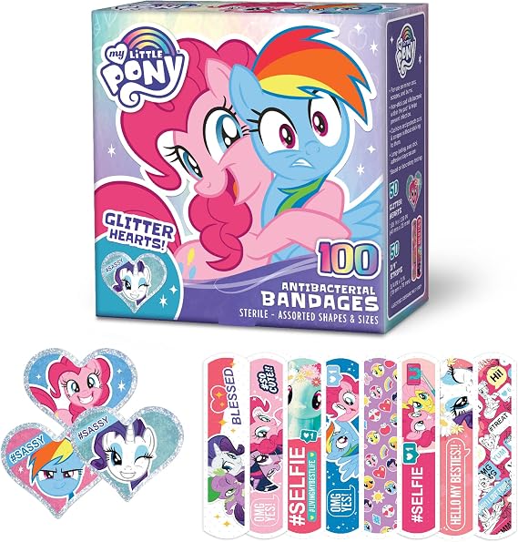 My Little Pony Kids Glitter Bandages, 100 ct Assorted Shapes & Sizes | Wear Like Stickers, Adhesive Bandages for Minor Cuts, Scrapes, Burns. Easter Basket Stuffers for Kids & Toddlers