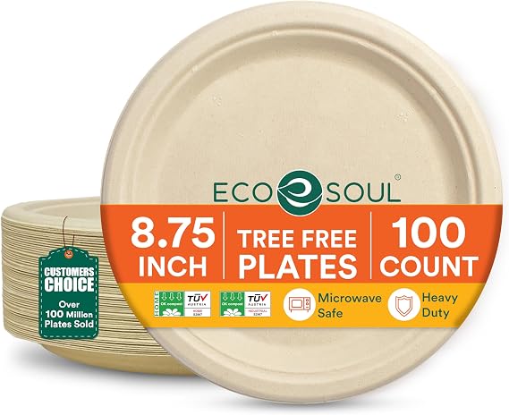 ECO SOUL 8.75 Inch Compostable Bagasse Paper Plates, (100 Pack, Natural)