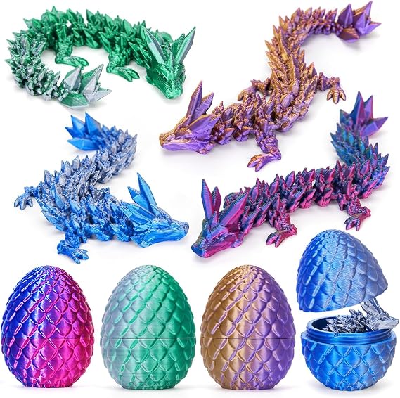 TBOLINE 4PCS 3D Printed Dragon Egg, Christmas Stocking Stuffers for Kids, Articulated Crystal Animals Fidget Toy, Small 3D Printer Dinosaur Eggs Party Favors Toy for Kids Boy Girls 5-7 8-12