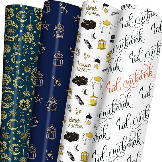 WAPLIGHAL Eid Wrapping Paper for Men Women Kids - Crescent Moon, Stars, Lantern,#34;Ramadan Kareem"and "Eid Mubarak" Letter Designs - Islamic Gift Wrap for Eid al-Fitr, Birthday, Baby Shower - 20 X 29