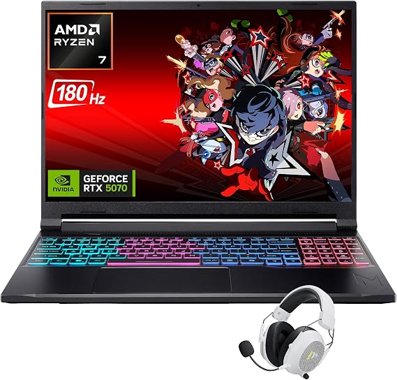 Acer Nitro V16 Gaming Laptop, 16" WQXGA LED 180Hz (100% sRGB), AMD Ryzen 7 260, 16GB DDR5 RAM 1TB Gen4 SSD, GeForce RTX 5070 DLSS4, Backlit Keyboard, RJ 45, SD Card Slot, Win 11 with Accessory