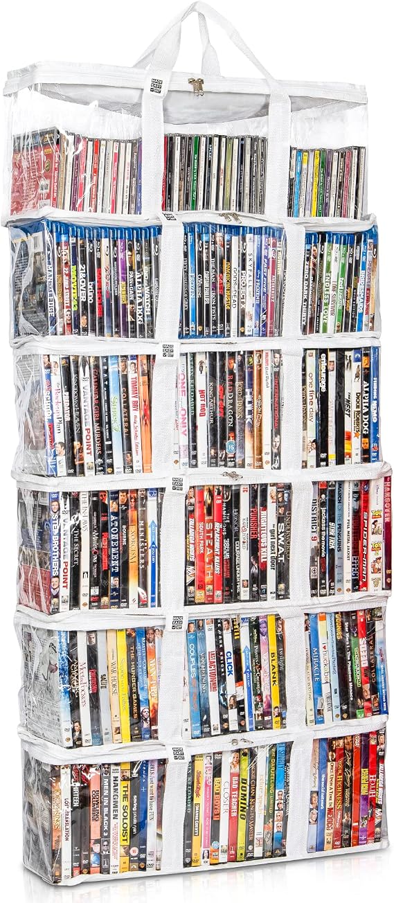 DVD Storage Bag - Clear PVC Organizer,Triple-Stitched Handles, Dividers - Stackable, Space-Saving, Fits 40 DVD Cases - Container for Movie Discs, Video Games, VHS Tapes (White, 6 Bags)