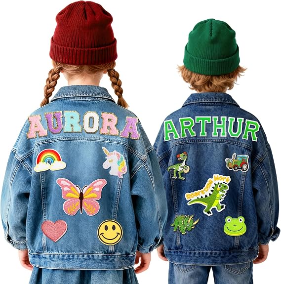 Personalized Kids Denim Jackets with Name Patches, Custom Boys Girls Jean Jackets for Ages 1-14, Stylish Outerwear for Children