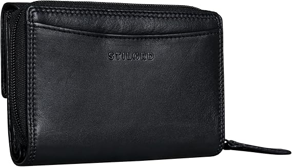 STILORD "Jade Women's Large RFID Wallet - Genuine Leather Trifold with Card Slots, Zip Colour:Black