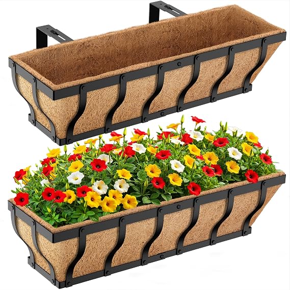 VOXOR Railing Planter Boxes, Heavy Duty Window Box Planters, Adjustable Balcony Planters for Railing Hanging, with Coco Liner for Deck, Porch, and Patio Gardening (2 Pack, 24 Inch)