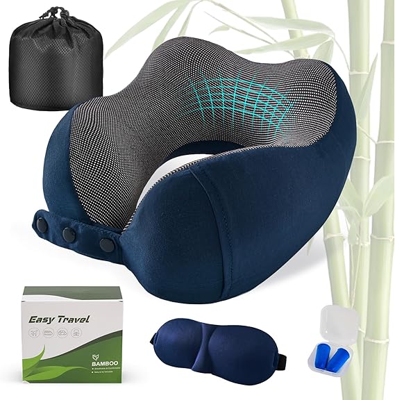 Cirorld Neck Pillow for Traveling, Travel Pillows for Airplanes,100% Pure Memory Foam Travel Neck Pillow, Adjustable Flight Pillow, Portable Plane Accessories with Eye Mask, Earplugs, Carry Bag