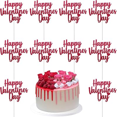 Valentines Day Cake Toppers Happy Valentines Day Cupcake Topper Red Glitter Cake Decoration for Party 10pcs