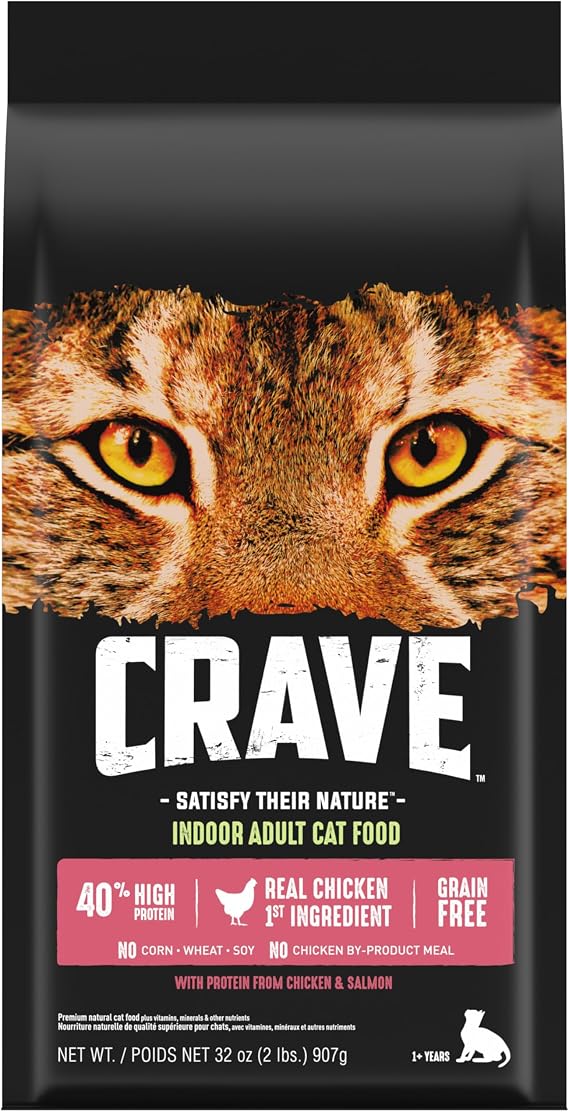 CRAVE Grain Free High Protein Indoor Dry Cat Food, Chicken & Salmon, 2 lb | Chicken & salmon #1 ingredients, 40% protein, no by-product meal, no corn, wheat, or soy, supports muscle, digestion