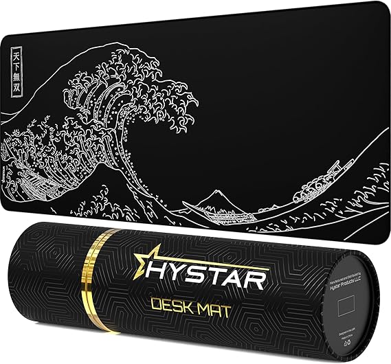Hystar Extended Gaming Mouse Pad | XXL 36" x 16" | 5mm Thick, Waterproof Surface, Smooth Polyester Fabric, and Natural Rubber Base | The Great Wave (Black)