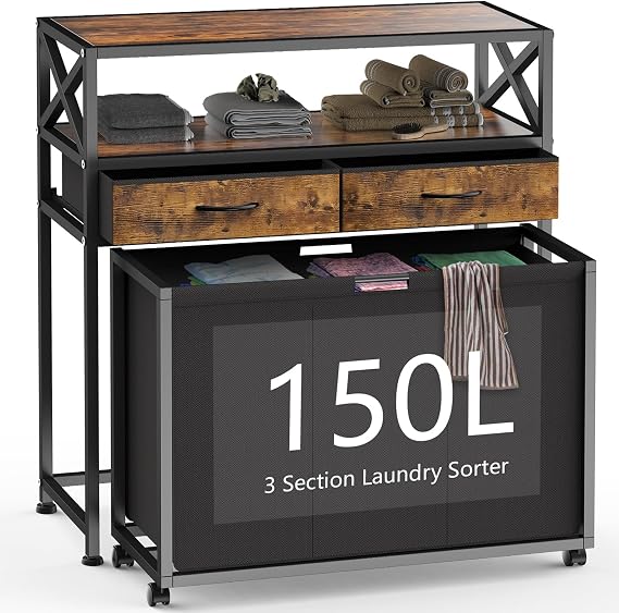 150L Laundry Sorter Hamper 3 Section with 2 Shelves & 2 Drawers | 3 Compartment Clothes Storage Organizer Cart, Pull-Out Removable Oxford Fabric Bags